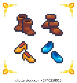 A set of pixel art medieval peasant footwear: leather boots and simple shoes. Ideal for RPG starting gear, NPC clothing, and villager inventory assets.