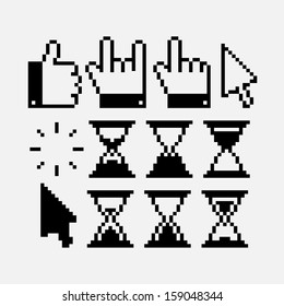 Set of pixel art monochrome isolated cursor icons with hands, arrows and hourglasses