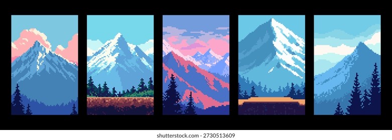 Conjunto de pixel art paisaje de montaña con bosque en estilo de juego retro. Fondo de la naturaleza para juego, diseño de App o historia de redes sociales.
