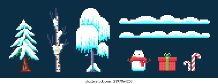 A set of pixel art objects for creating a game in a winter, Christmas theme. Props of snow, trees and Christmas paraphernalia