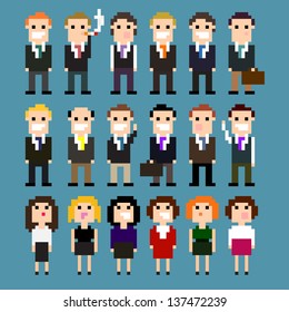 Set of pixel art office people in suits, vector illustration