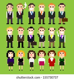 Set of pixel art office people in suits, vector illustration