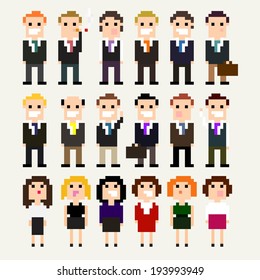 Set of pixel art office people in suits