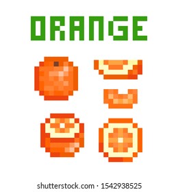 Set of pixel art oranges (uncut, cut in half, sliced) isolated on white background. Collection of 8 bit citrus fruit icons. Old school vintage retro 80s, 90s slot machine/video game graphics. 