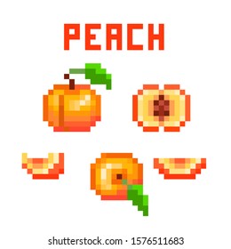 Set of pixel art peach (uncut, cut in half, sliced, top view) icons isolated on white. Collection of 8 bit garden fruit symbols. Old school vintage retro 80s, 90s slot machine/video game graphics
