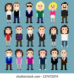 Set of pixel art people icons, vector illustration