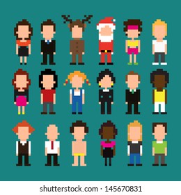 Set of pixel art people icons, vector illustration