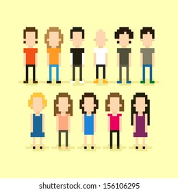 Set of pixel art people icons, vector illustration