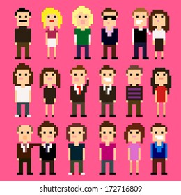 Set of pixel art people icons, vector illustration