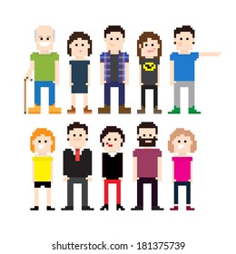 Set of pixel art people icons, vector illustration