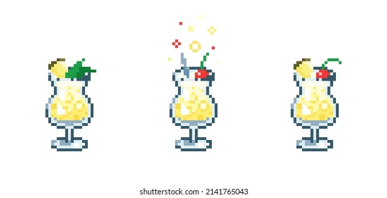 Set of Pixel art pina colada cocktail. Retro 90s gaming 8 bit icon of pixel mosaic glass of pina colada cocktail drink. Vector pixel classic party beverage for game and stickers.