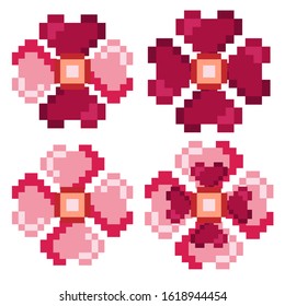 Set of pixel art pink and red flower isolated on a white background. Pixel art heart. Valentine day.