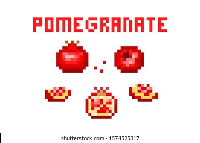 Set of pixel art pomegranate(uncut, cut in half, sliced) icons isolated on white. Collection of 8 bit exotic tropical fruit symbols. Old school vintage retro 80s, 90s slot machine/video game graphics.