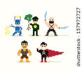 Set of pixel art posing superheroes