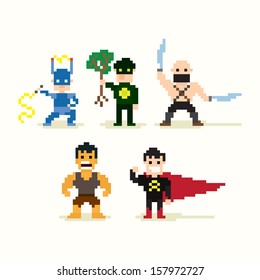 Set of pixel art posing superheroes