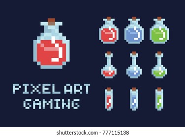 Set of pixel art potion bottles, red green and blue, health mana game design object