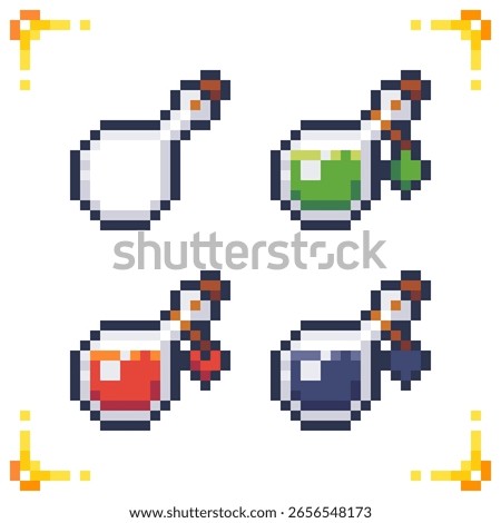 Set of pixel art potion icons. Empty bottle, potions of health, energy, mana, strength, damage, poision, buff, magic, effects. 16x16 pixels.