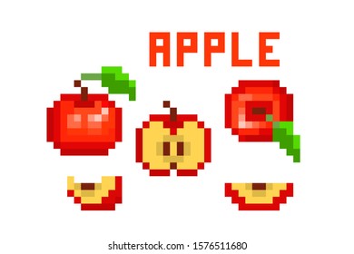 Set of pixel art red apple (uncut, cut in half, sliced, top view) icons isolated on white. Collection of 8 bit garden fruit symbols. Old school vintage retro 80s, 90s slot machine/video game graphics