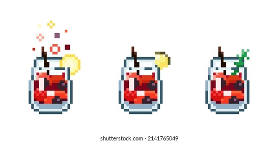 Set of Pixel art sangria cocktail. Retro 90s gaming 8 bit icon of pixel mosaic glass of sangria cocktail drink. Vector pixel classic party beverage for game and stickers.
