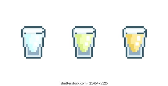 Set of Pixel art shots set. Retro 90s gaming 8 bit icon of pixel mosaic glass of vodka, absent, tequila shots. Vector pixel classic party or bar beverage for game and stickers.	