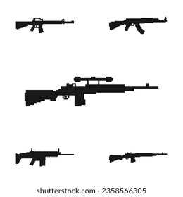 set of pixel art silhouette weapon on isolated background