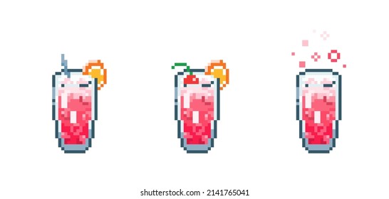 Set of Pixel art singapore sling cocktail. Retro 90s gaming 8 bit icon of pixel mosaic glass of singapore sling drink. Vector pixel classic party beverage for game and stickers.