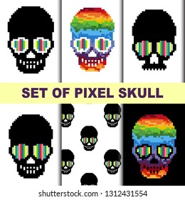 Set of pixel art skull. Pixel art seamless pattern. 8 bit. Set for cards, posters, banners, wrapping paper. 