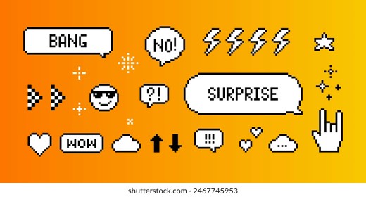 Set of pixel art speech bubbles and icons. Wow. Surprise. Bang. Retro game style dialogue box and elements vector collection. Pixels Y2k trendy playful stickers. 8bit icons. Mood of 90's aesthetics