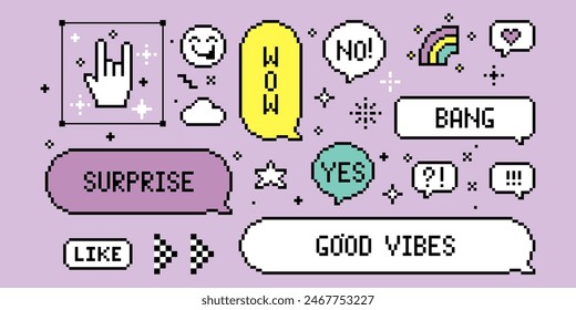 Set of pixel art speech bubbles. Wow. Surprise. Good vibes concept. Retro game style dialogue box and element vector collection. Pixels Y2k trendy playful stickers. 8bit icons. Mood of 90's aesthetics