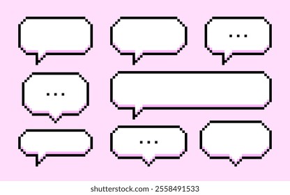 Set of pixel art speech bubbles. Various messages and dialog boxes on a pink background. Vector illustration