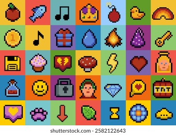 Set of pixel art speech bubbles and icons. Retro game style dialogue box and elements vector collection. Pixels Y2k trendy playful icons. 8bit. Mood of 90's aesthetics