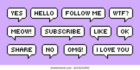 Set of pixel art speech bubbles for Social media. Subscribe, Follow me, share. Nostalgia arcade. Retro game style dialogue box and icons. Modern vector illustration.