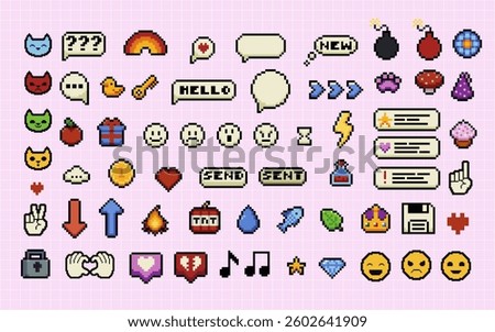 Set of pixel art speech bubbles and icons. Wow. Surprise. Bang. Bomb. Retro game style dialogue box and elements vector collection. Pixels Y2k trendy playful stickers. 8bit. Mood of 90's aesthetics
