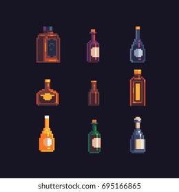 set of pixel art sprites bottles, vector illustration.