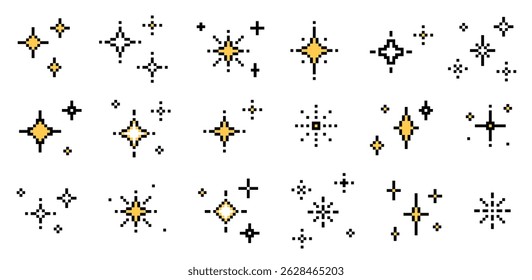 Set of pixel art star shapes in trendy retro style. Trendy Y2K vector signs for banners, social media, poster design. Brutalist geometric shapes. Retro futuristic sparkle icons in 8 bit style