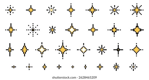 Set of pixel art star shapes in trendy retro style. Trendy Y2K vector signs for banners, social media, poster design. Brutalist geometric shapes. Retro futuristic sparkle icons in 8 bit style