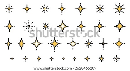 Set of pixel art star shapes in trendy retro style. Trendy Y2K vector signs for banners, social media, poster design. Brutalist geometric shapes. Retro futuristic sparkle icons in 8 bit style