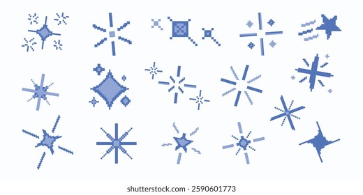 Set of pixel art star, sparkle, starburst. Shiny retro game effect. 8 bit firework burst, space decoration. Bright blue shining sparkles. 2D sprite sheet.
