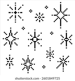  A set of pixel art stars in various shapes and sizes, rendered in black on a white background. These stars are designed in an 8-bit or 16-bit style, reminiscent of retro video games.
