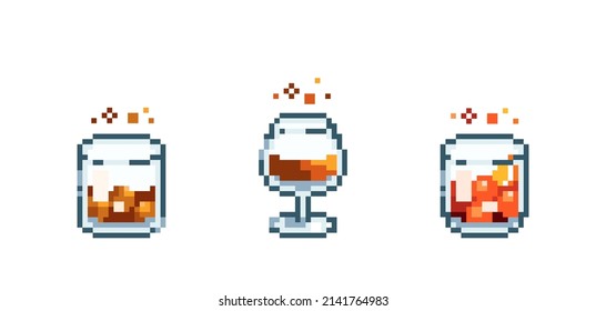 Set of Pixel art strong alcohol set. Retro 90s gaming 8 bit icon of pixel mosaic glass of strong alcohol drinks. Vector pixel classic party beverage for game and stickers.