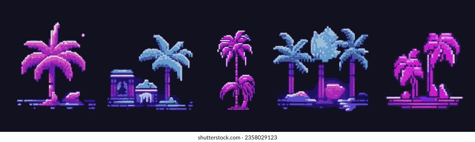 Set of pixel art style palms in neon colors. Vector 8-bit game assets, stickers, logotype template.