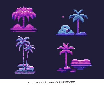 Set of pixel art style palms in neon colors. Vector 8-bit game assets, stickers, logotype template.