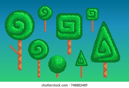 Set of pixel art stylized trees different forms.