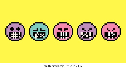 Set of pixel art swearing emoji icon. Angry faces with swear words. Evil emoticon stickers. Colorful. Negative thinking concept. Mood of 90's aesthetics. 8-bit retro style vector illustration