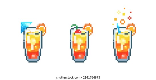 Set of Pixel art Tequila Sunrise cocktail. Retro 90s gaming 8 bit icon of pixel mosaic glass of Tequila Sunrise cocktail drink. Vector pixel classic party beverage for game and stickers.	