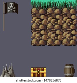 A set of pixel art tile set for creating 2d game. Includes: ground, pirate flag, chest, rocks and barrel.