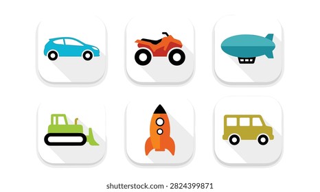 set of pixel art transportation icons featuring car atv airship bulldozer rocket and van