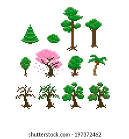 Set Of Pixel Art Trees