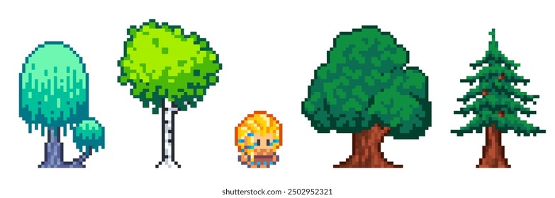 Set of pixel art trees for filling game locations. Sprites, props of birch, spruce, oak and willow