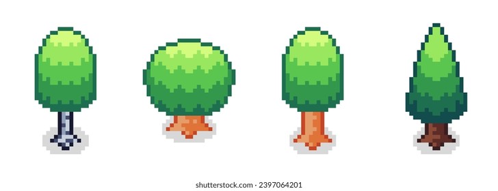 Set of pixel art trees for retro games. Vegetation elements for filling locations and maps of topdown games.